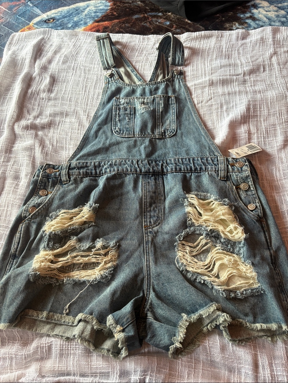 Denim Distressed Short Overalls - Blue